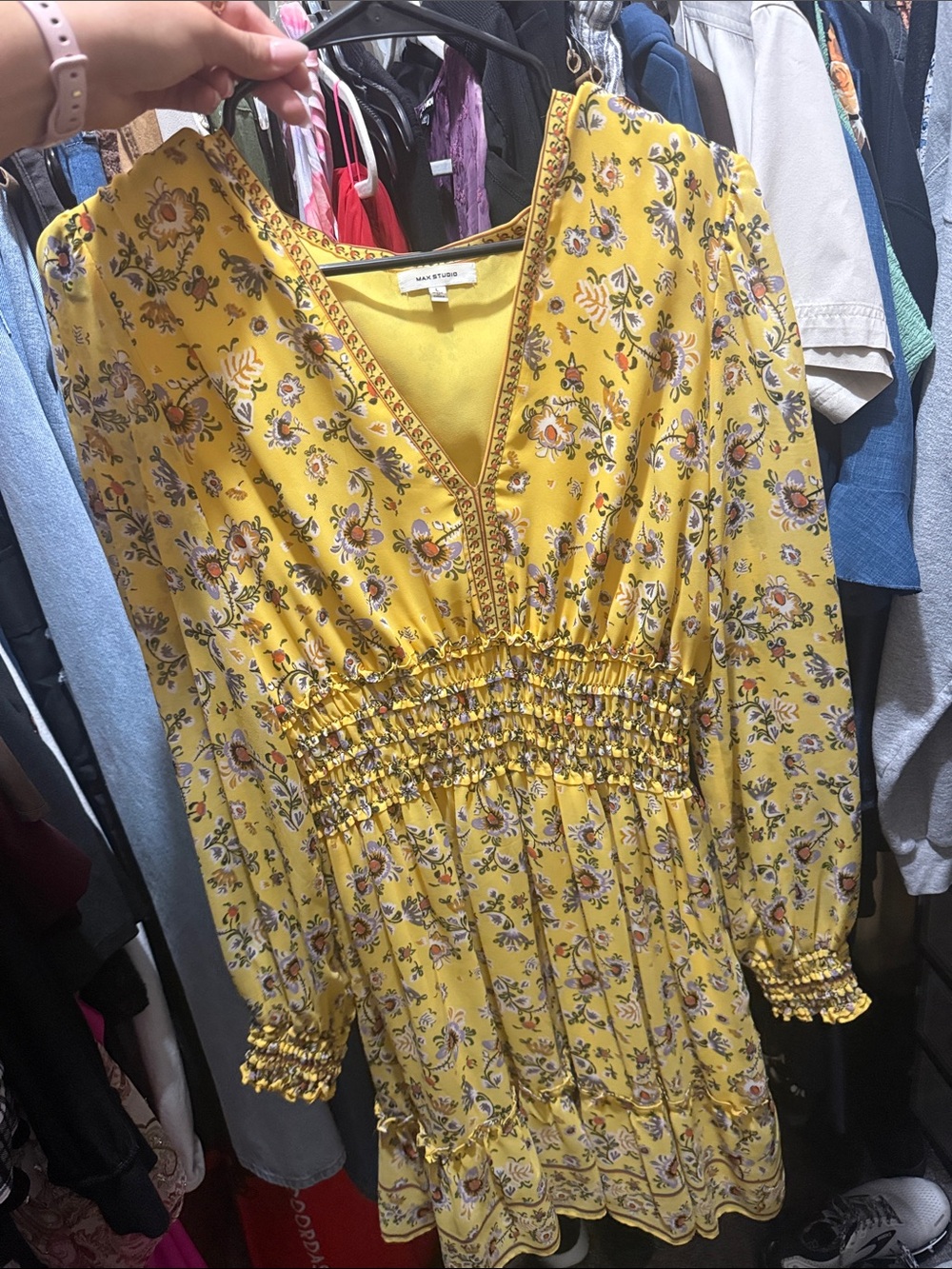 Yellow Floral Smocked Waist Long Sleeve Dress